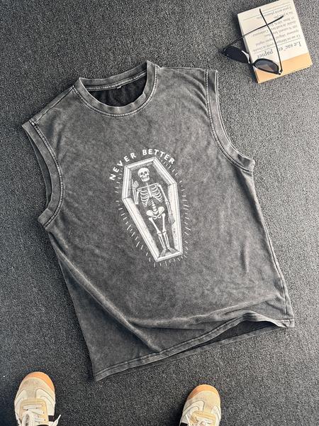 Cotton Vintage Distressed Men's Vest Round Neck Trendy Sleeveless Shirt, Summer Fashion for Men, Casual Knitwear, Age 35-44, Moderate Thickness