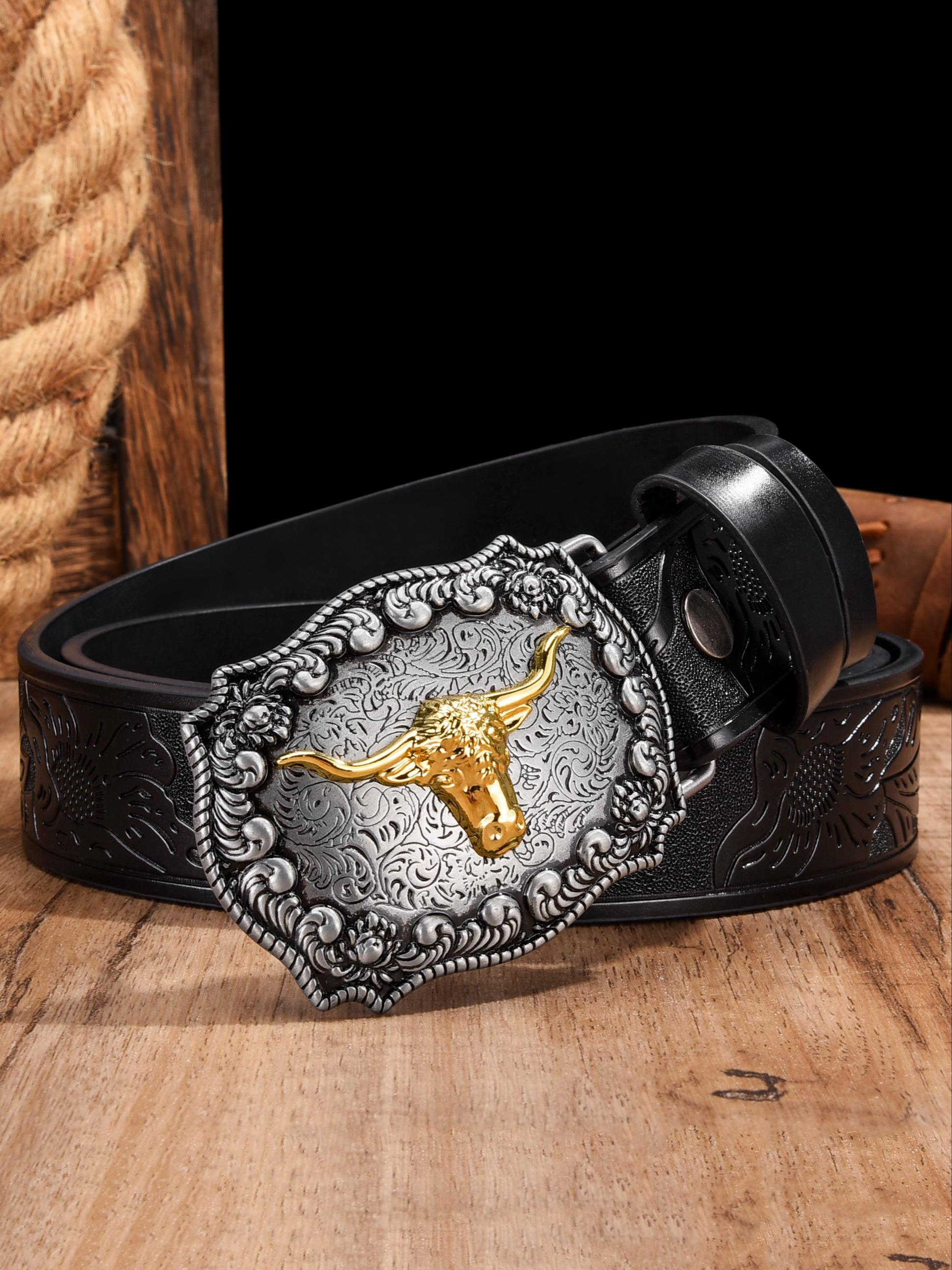 Western Leather Belt with Large Gold Bull Buckle for Jeans Western Gold Longhorn Buckle Genuine Full Grain Leather  main image 3