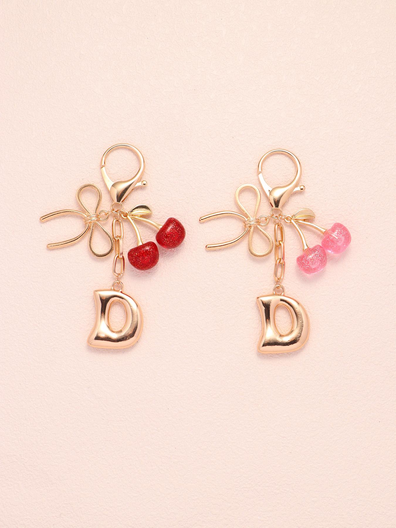 2pc Bubble Letter A-Z Keychains, Cute Initial Pendants, Metal Butterfly & Acrylic Cherry Decor, Personalized Bag Charms