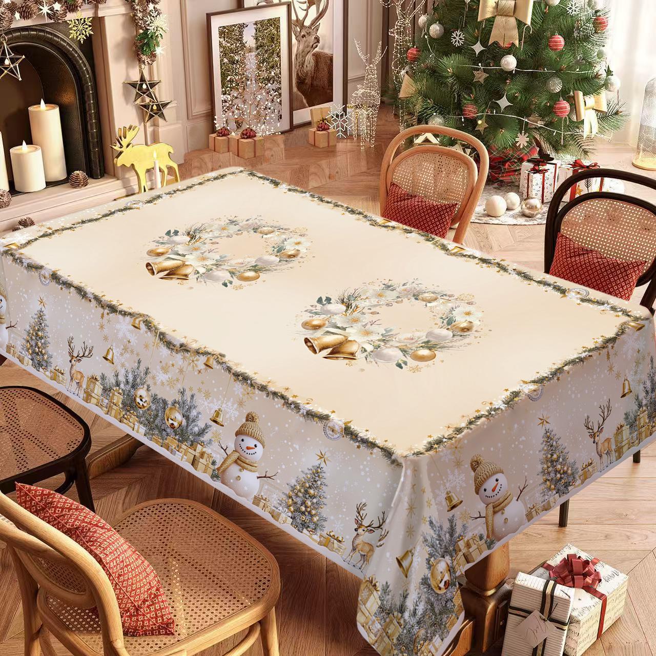 Rectangular Christmas Tablecloth, Snowman & Bell Design, Holiday Party Decorations, Best Gift for New Year Eve Dinner