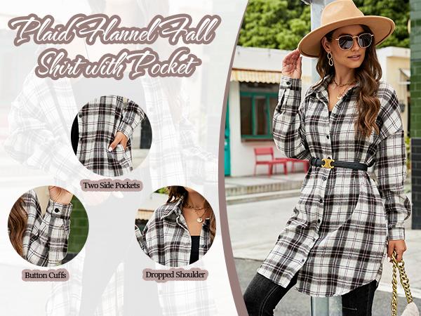 Blooming Jelly Women's Button Down Flannel Shirts Plaid Shacket Long Sleeve Collared Long Jacket Coats #Springtok