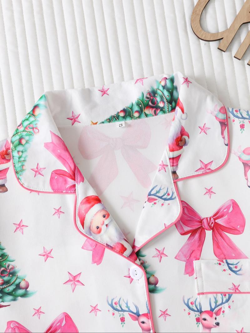 Two-piece Set Women's Christmas Print Button Front Pocket Shirt & Elastic Waist Pants Pyjama, Casual Comfy Long Sleeve Collared Top & Trousers Pajama Set, Women's Sleepwear for Spring & Fall