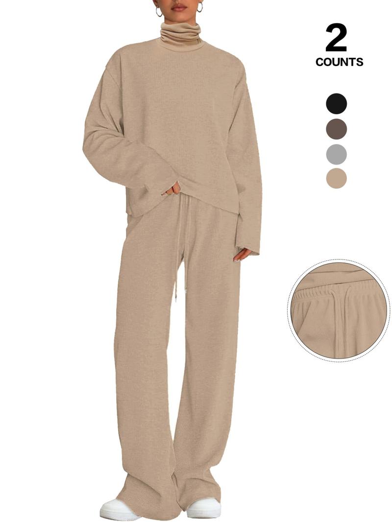 Women's 2 Piece Set Outfits Lounge Sets Ruched Short Sleeve Tops High Waisted Wide Leg Pants Tracksuit Sets, Elegant and casual high-round-neck long-sleeved basic two-piece set Casual Loungewear Set