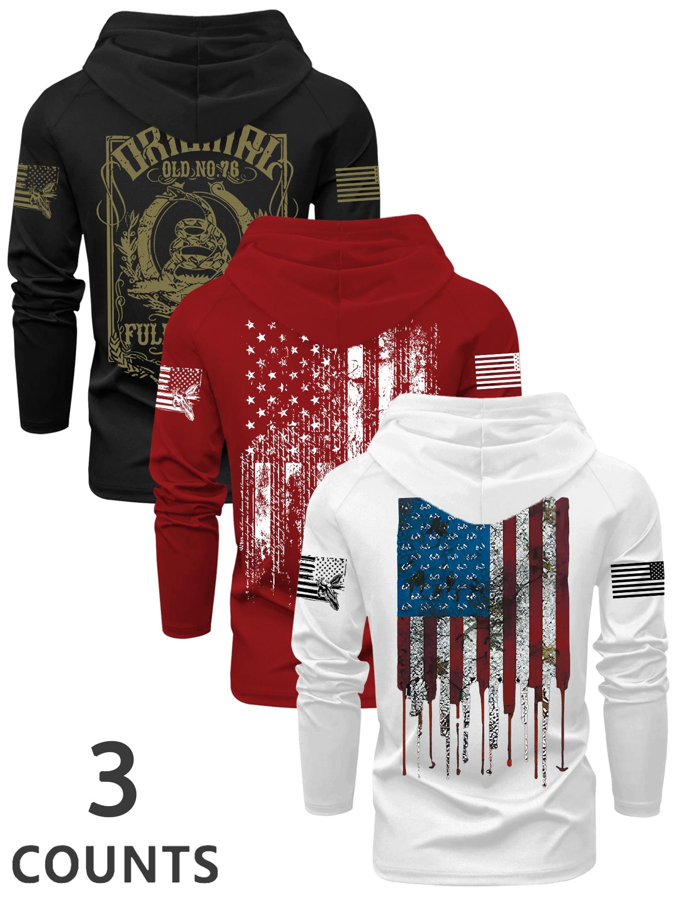 Men's Flag Series Print Hooded Long Sleeve T-Shirt, Fall & Winter Outdoor Casual Fitted Top, 3 Pack Set, Casual Outdoor Pullover, Casual Streetwear Sweatshirt