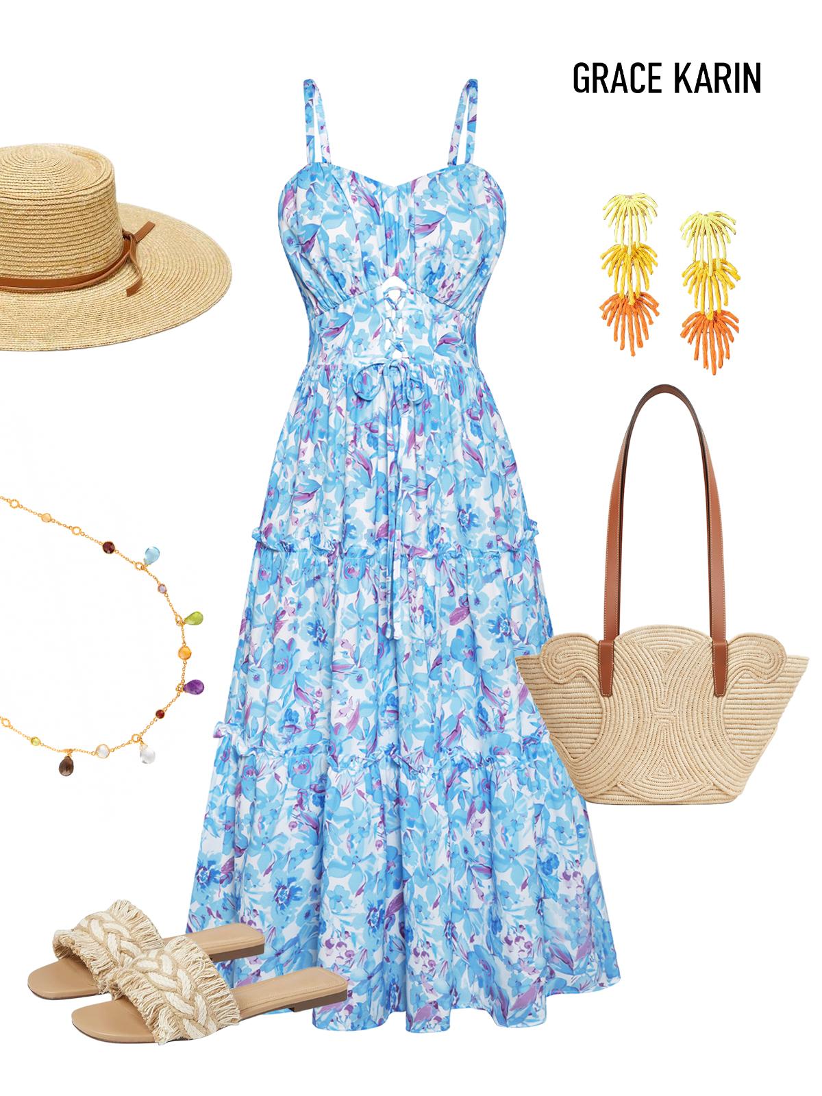 【Valentine's Day Limited】Grace Karin GRACE KARIN Women's Summer Floral Dress Spaghetti Strap Smocked Tiered Casual Boho Maxi Long Sundress with Pockets