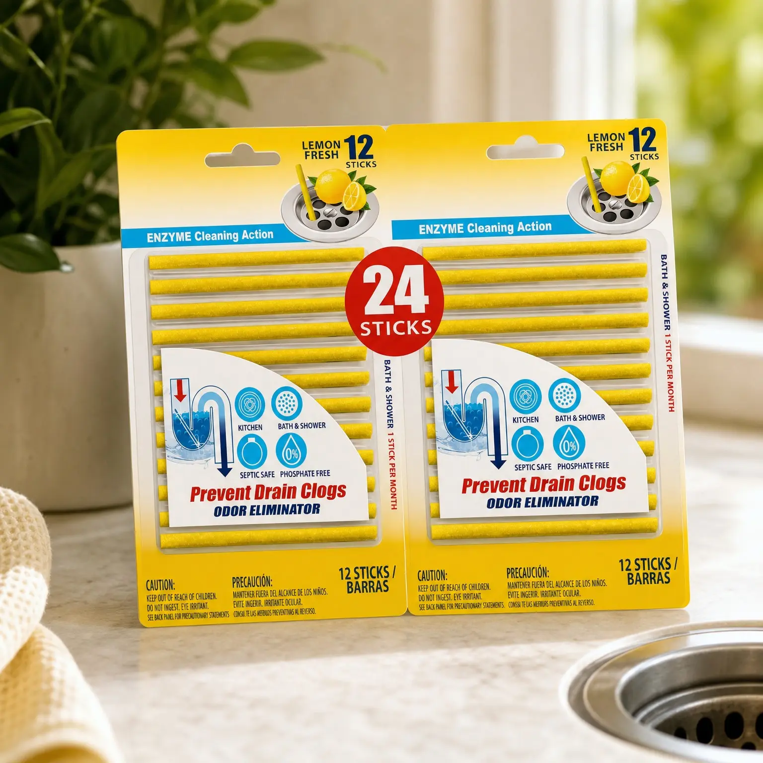Enzyme Drain Cleaner Sticks, 24 Count, Lemon Scent - Deodorizes Kitchen & Bathroom Sink Drains, Eliminates Odors and Prevents BuildupGift