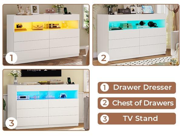 Sikaic Dresser for Bedroom with LED Lights Charging Station Modern Double Wide Drawer Organizer Cabinet Furniture Organization Amplified Storage Space