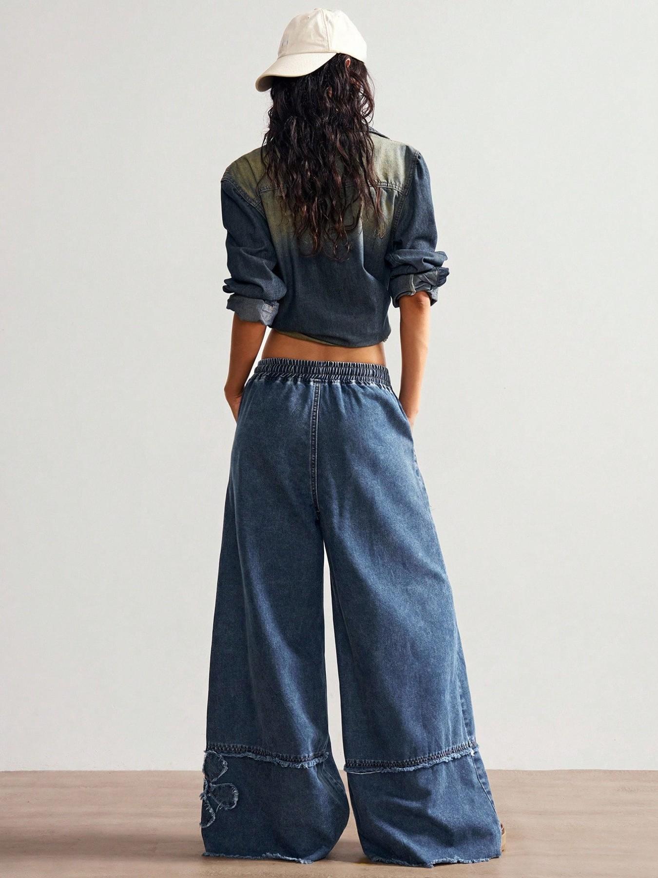 Boho Style Women's Casual Solid Wide Leg Jeans, Loose Fit Denim Jeans with Embroidery Pattern, Comfortable and Stylish Everyday Wear