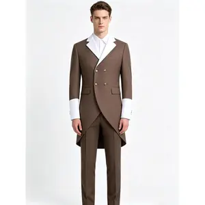 Men's Brown & White Tailcoat Suit, Double-Breasted Slim Fit Tuxedo Jacket & Pants for Wedding, Performance, Prom