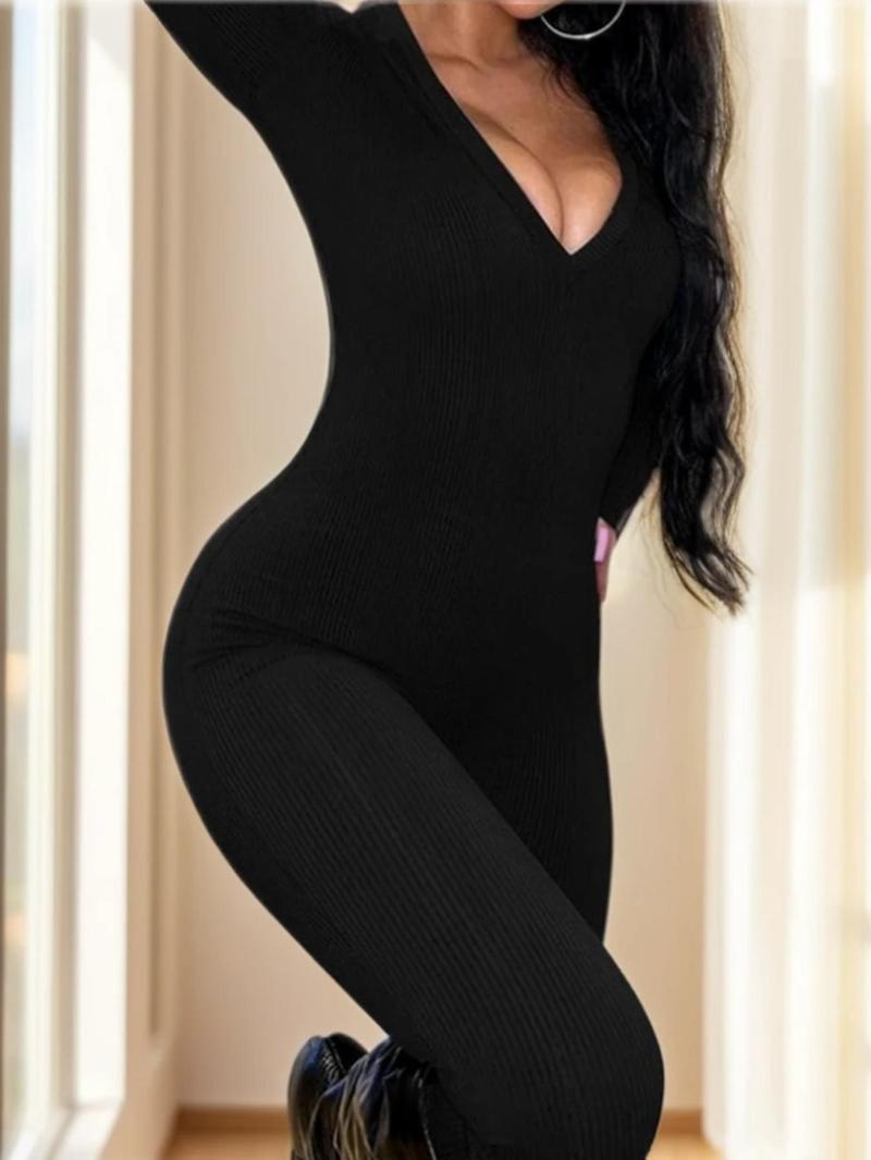 Women's Plain Bodysuit Long Sleeve Deep V Neck Shapewear, Body Sculpting Garment, Slimming Full Body Suit for Women, Comfortable & Stylish Design