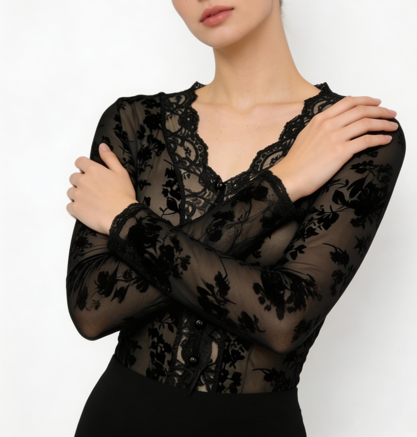 2026 Fashion Floral Mesh Top, Dark Sexy Aesthetic, Spring & Fall Y2K Style, Geometric Pattern, Fitted Design, Women's Clothing