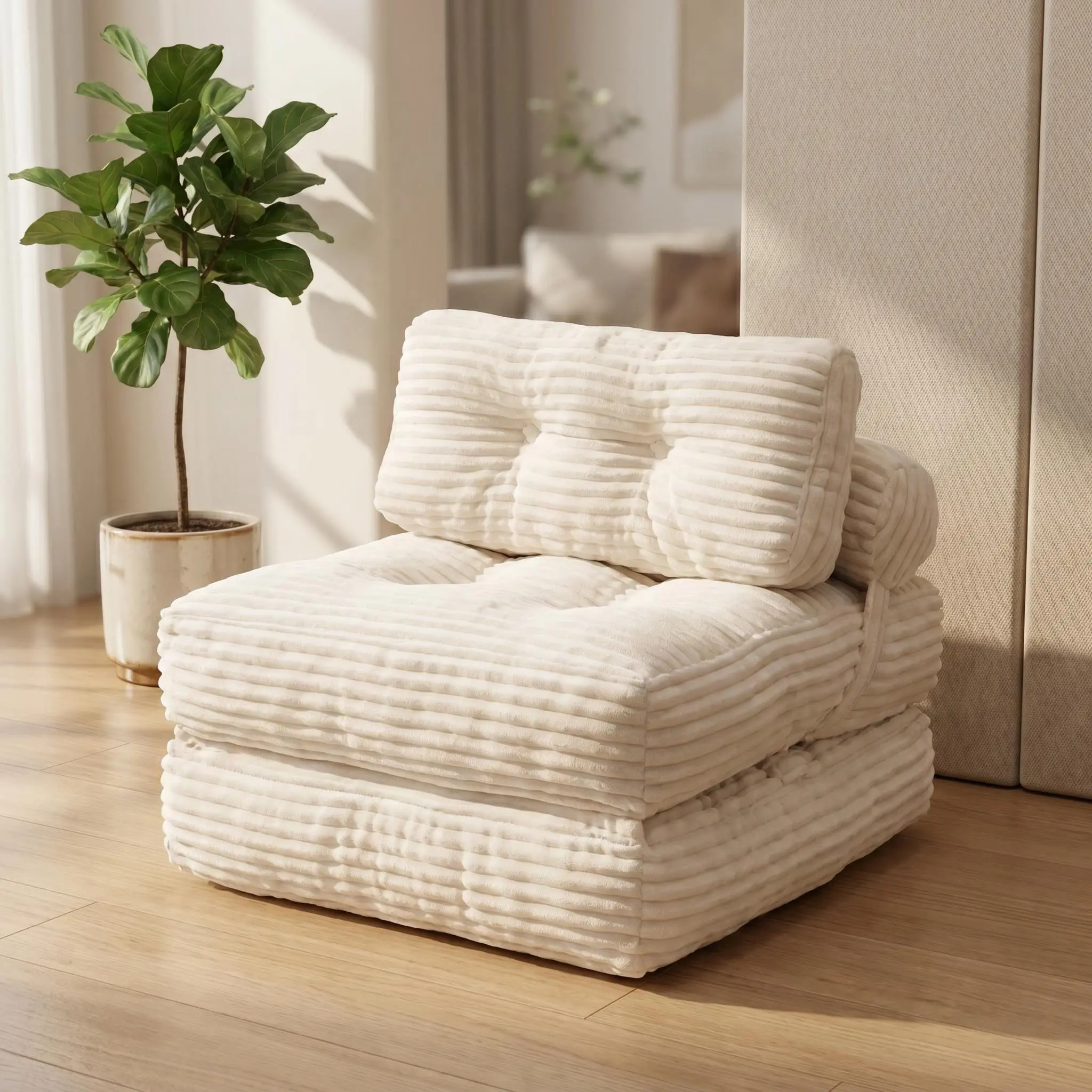 Folding Sofa Bed Convertible Chair with Pillow, Foldable Couch with Back Support, Portable Fold Out Chair Bed for Living Room Bedroom, Beige Plush Fabric