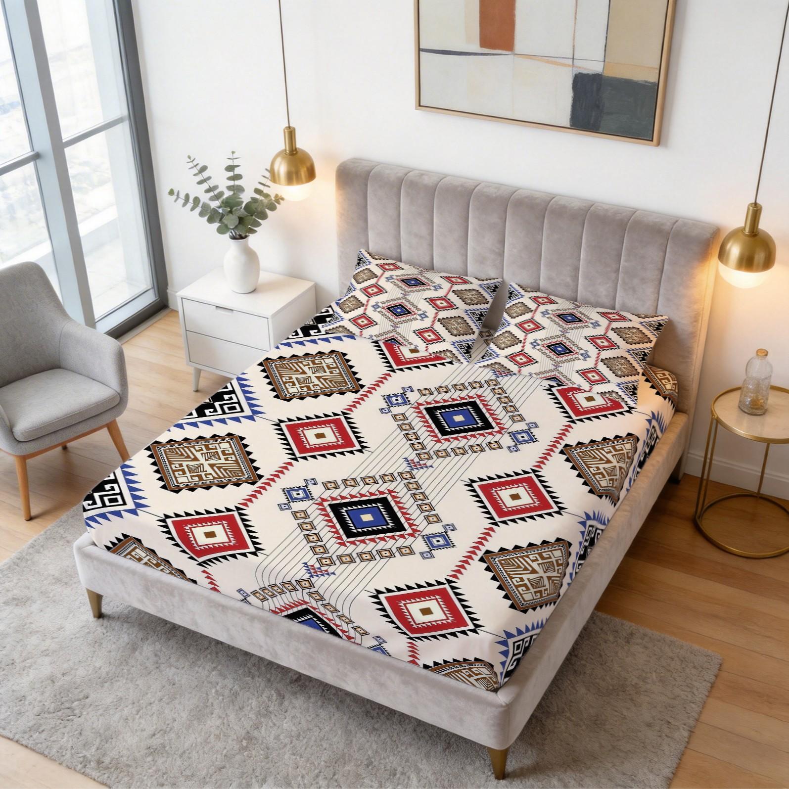 3-Piece Bohemian Style Patterned Bed Sheet Set, Boho Sheets, Including 1 Bed Sheet And 2 Pillowcases (Excluding Pillow Core), Comfortable Bedding, Non Slip Suitable For Bedrooms, Suitable For Children And Teenagers As Gifts And Decorations