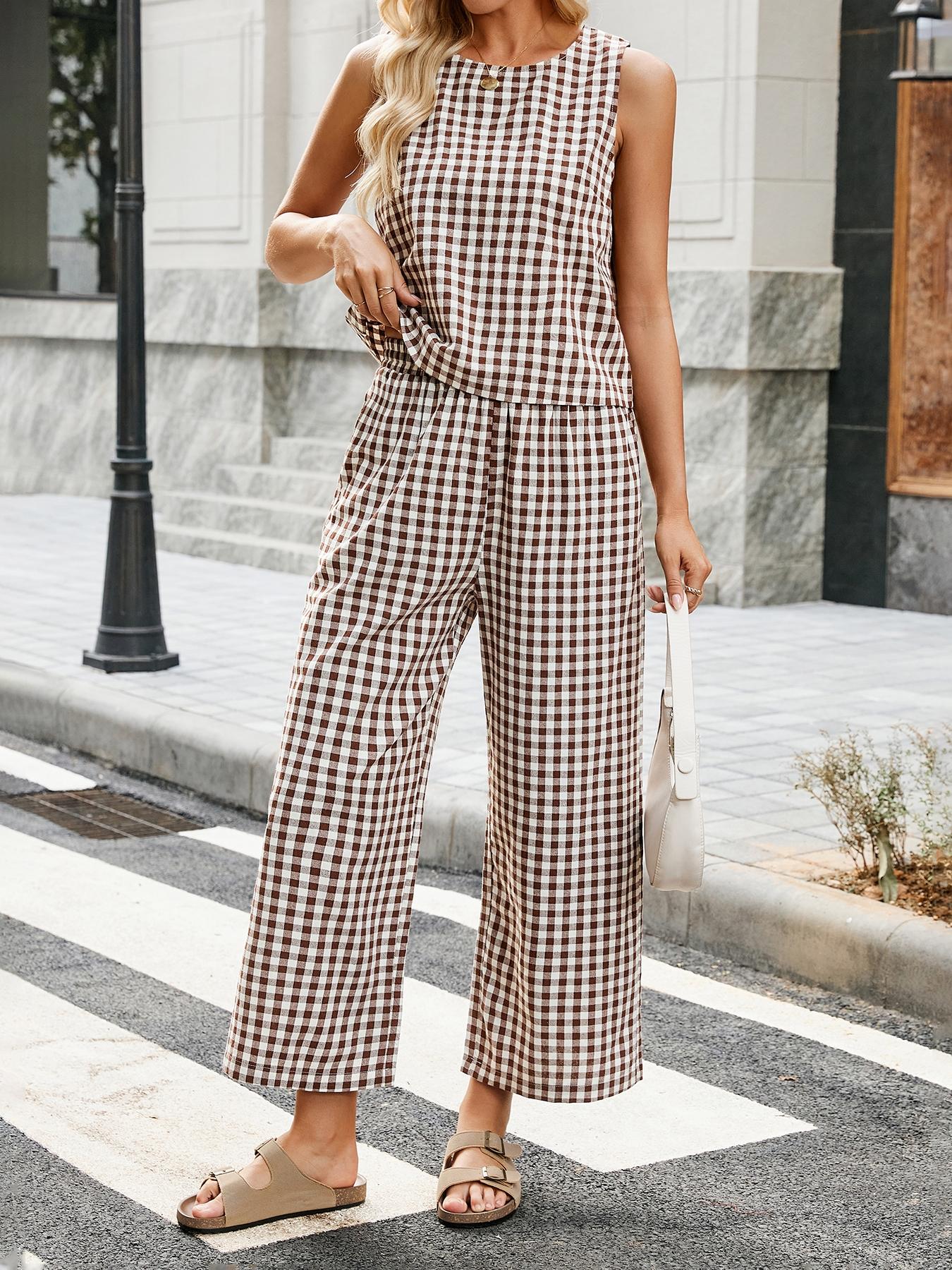 Women's Summer Plaid Vest Set, Elastic Waist Pocket Wide Leg Pants, Casual Comfortable Beach Vacation, Daily Wear, Casual Fashion Set