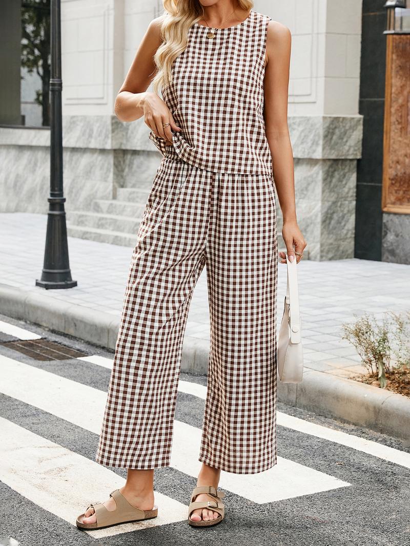 Women's Summer Plaid Vest Set, Elastic Waist Pocket Wide Leg Pants, Casual Comfortable Beach Vacation, Daily Wear, Casual Fashion Set Women's Summer Plaid Vest Set, Elastic Waist Pocket Wide Leg Pants, Casual Comfortable Beach Vacation, Daily Wear, Casual Fashion Set