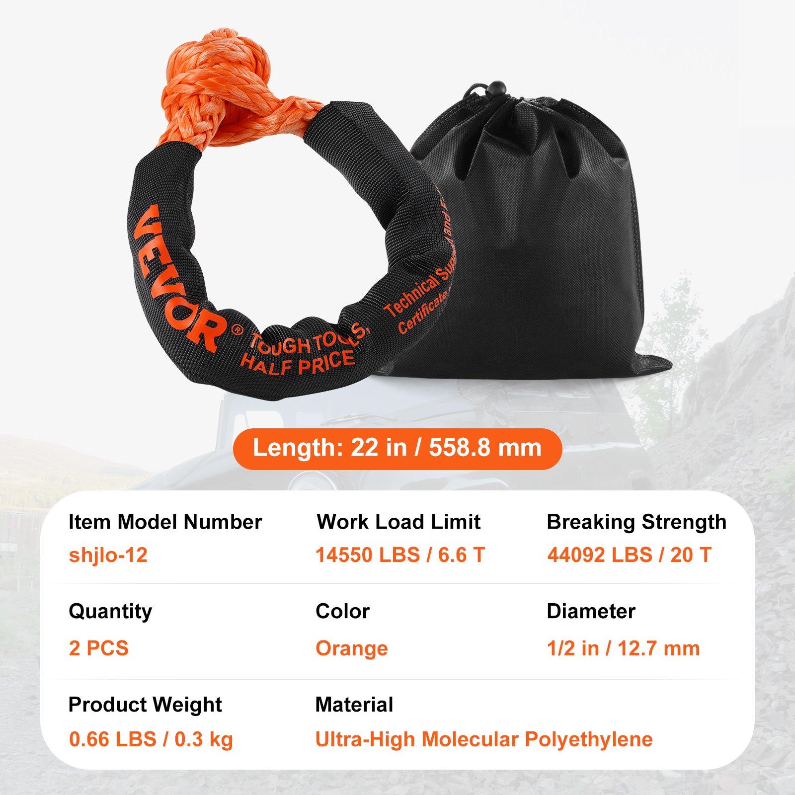 VEVOR Synthetic Soft Shackle, 1/2x 22 (2 Pack) 44092 lbs (20 Ton) Breaking Strength Recovery Tow Shackles with Extra 2 Sleeves Storage Bag for UTV, ATV, Trucks, Jeep, Off-Road Vehicles, Orange