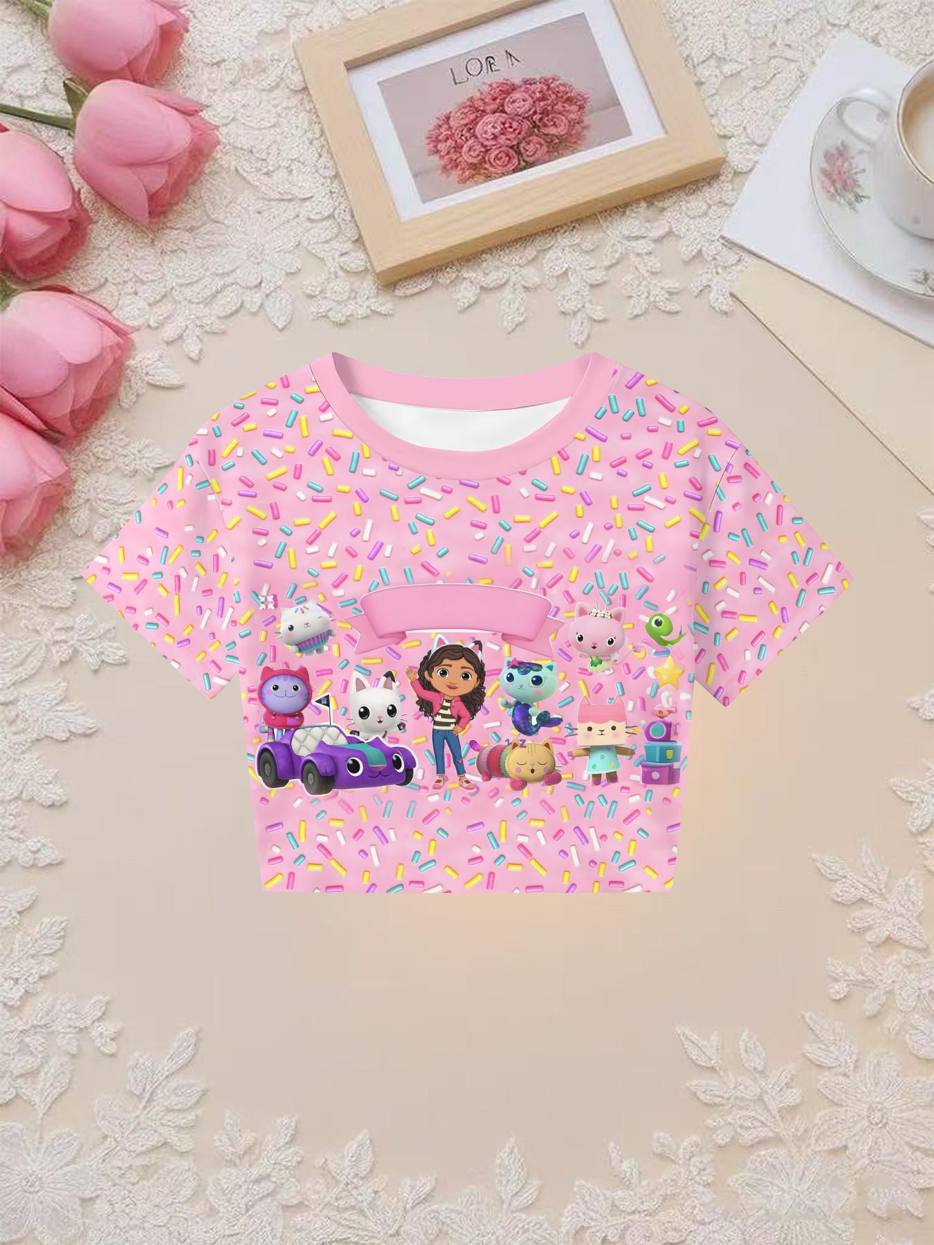 Girls' 3D Short Sleeve Set, Gabby Dollhouse Candy Sprinkle Print, Perfect for Outdoor, Gifts, Birthday Parties, Casual Slim Fit Crop Top Suit