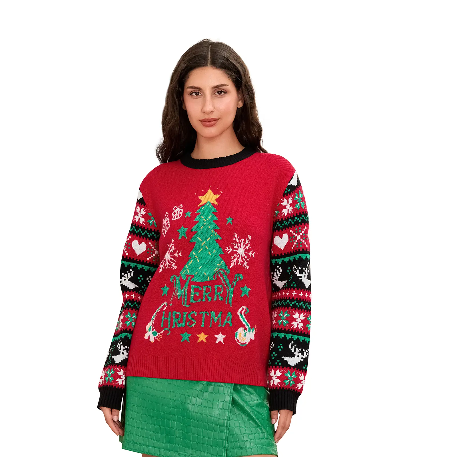 YS#018Women Christmas Sweater Long Sleeve Crew Neck Tree Letters Pullover Sweater Winter Sweater