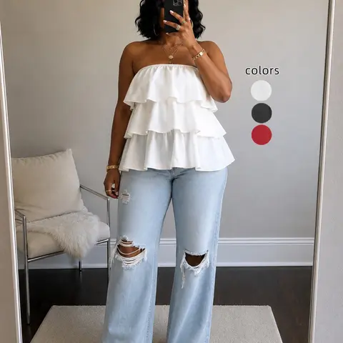Women's Plain Layered Tube Top, Casual Strapless Loose Top for Summer, Ladies Clothes for Daily Wear