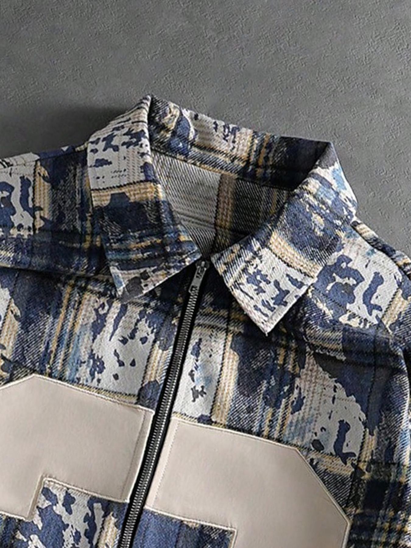 Men's Blue/Yellow/White Checkered Bomber Jacket with Oversized "3" Number Design, Regular Fit Cozy Causal Top, for Urban Street Style