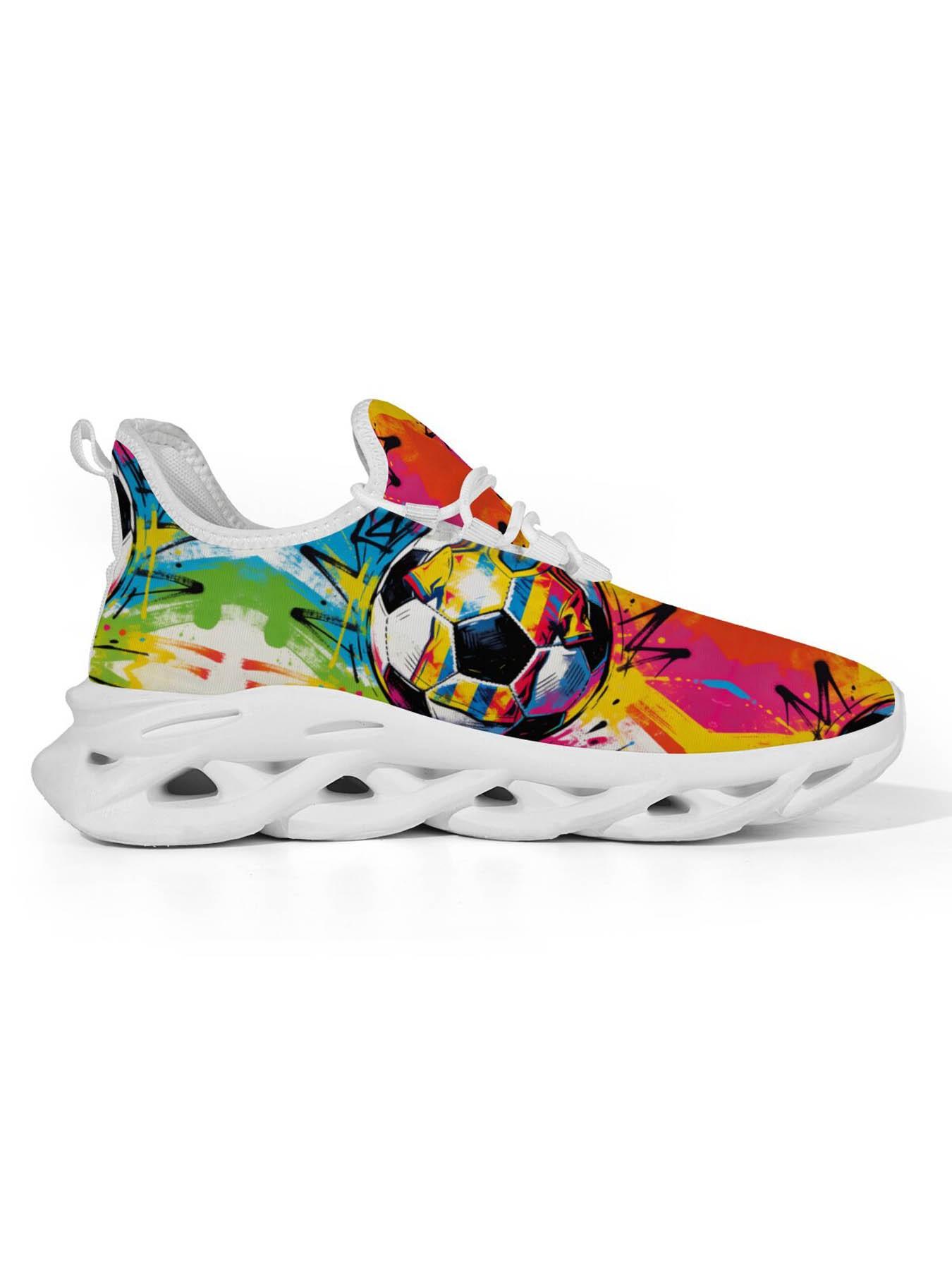 Graffiti Football Theme Trendy Sports Shoes, Street Art Style, Vibrant Full Surface Spray, Lightweight Cushioned Sole, Youth Soccer Lovers