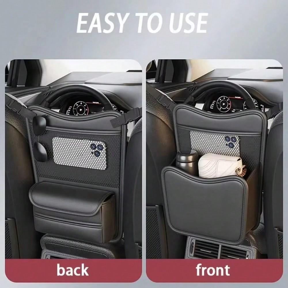 Car Organizer Storage Between Seats, PU Leather Front Seat Storage Bag with Tissue Holder, Automotive Console Hanging Net Pocket Handbag Holder for Phone Document