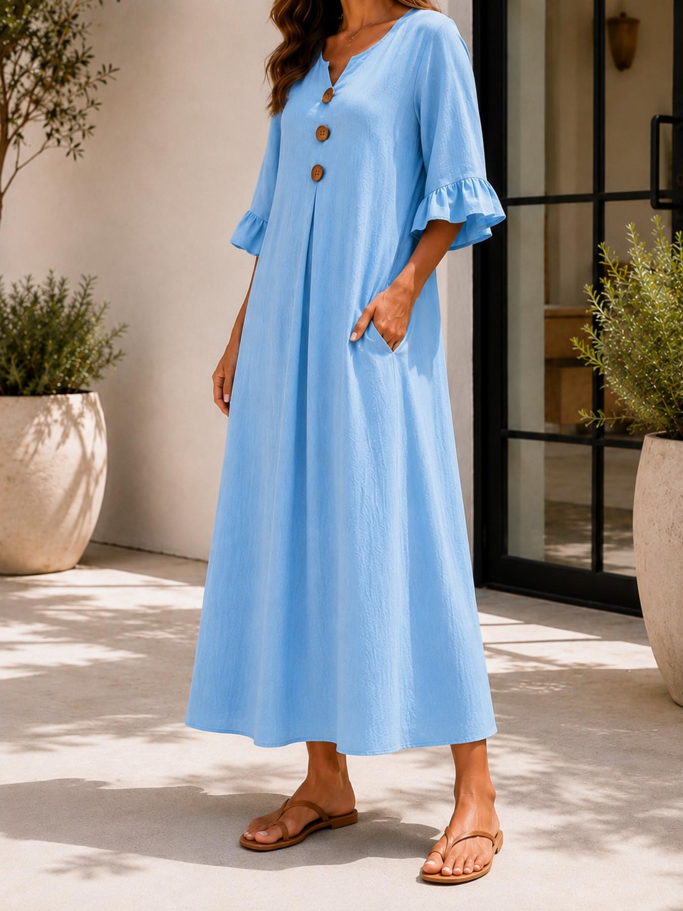 Plus Size Women's Solid Color Feminine Notched-Neck Wooden Button Dress, Loose-Fit Ruffle Sleeve Long Dress, Casual Style A-Line Dress for Office & Vacation