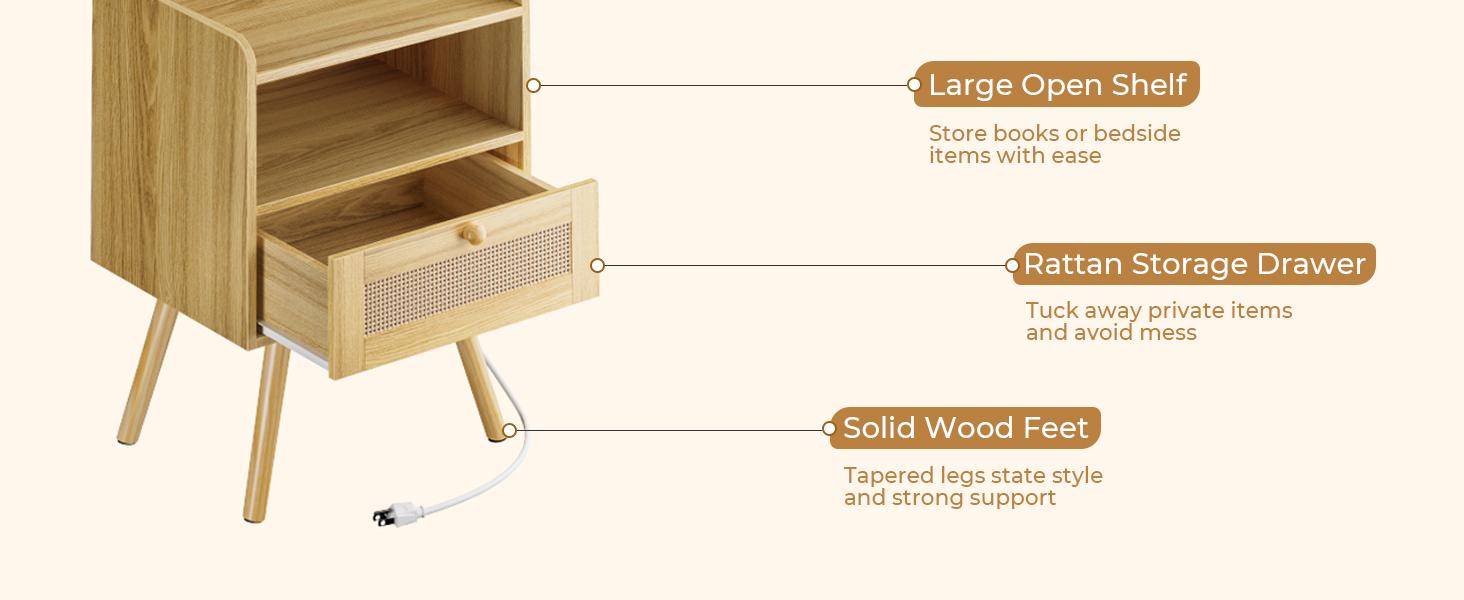 SUPERJARE Nightstands Set of 2, Night Stands with Charging Station & PE Rattan Decor Drawer, Bed Side Tables with Solid Wood Feet, End Table, for Bedroom, Living Room SUPERJARE Nightstands Set of 2, Night Stands with Charging Station & PE Rattan Decor Drawer, Bed Side Tables with Solid Wood Feet, End Table, for Bedroom, Living Room