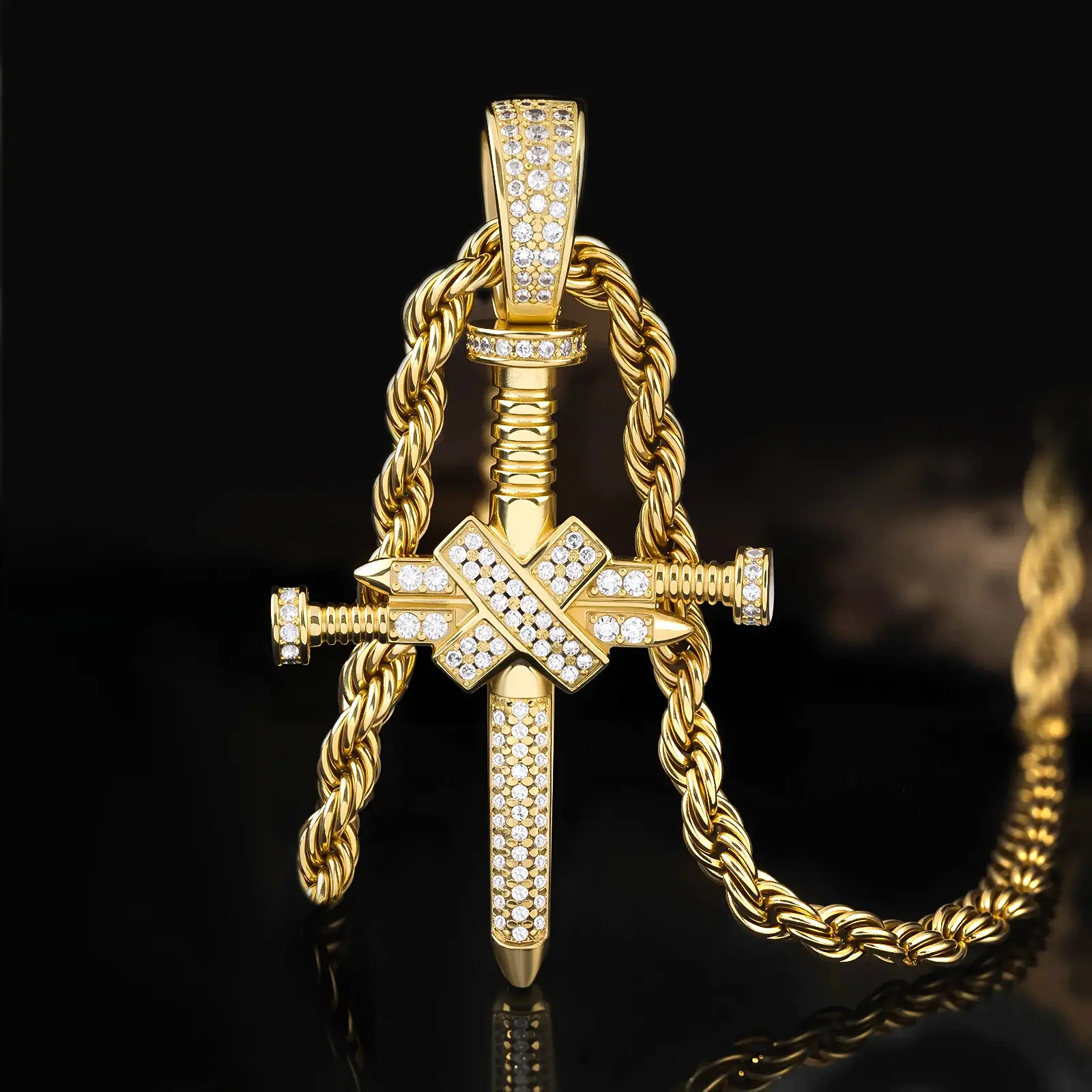 Men's Iced Sword Cross Pendant Necklace - Gold-Silver 2-Tone Zircon Hip-Hop Punk Twist Rope Chain Retro Street Costume Jewelry Gift men's jewelry necklaces for men necklaces for men cross necklace jewelry for men chains for men mom birthday gifts luxury