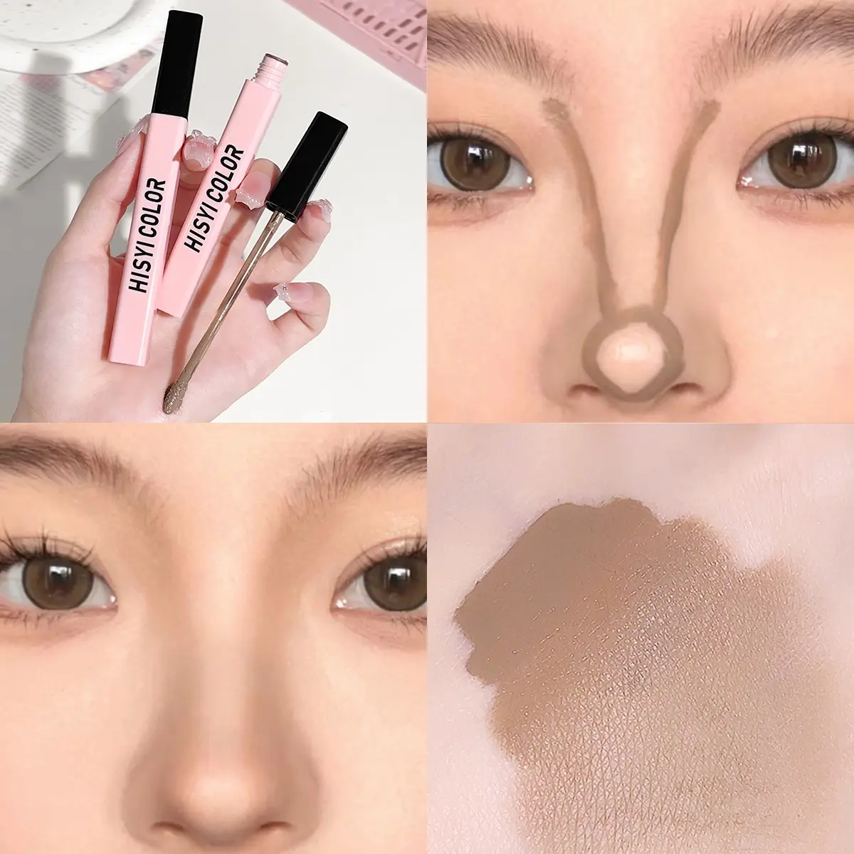 HISYI Dual Shade Liquid Contour & Highlighter Stick, 2 In 1 Face Sculpting Liquid Makeup, Silky Blendable Long Lasting Cream Liquid, Soft Sponge Brush For Easy Blending, Create Defined Nose Cheek Jawline Stereo Makeup