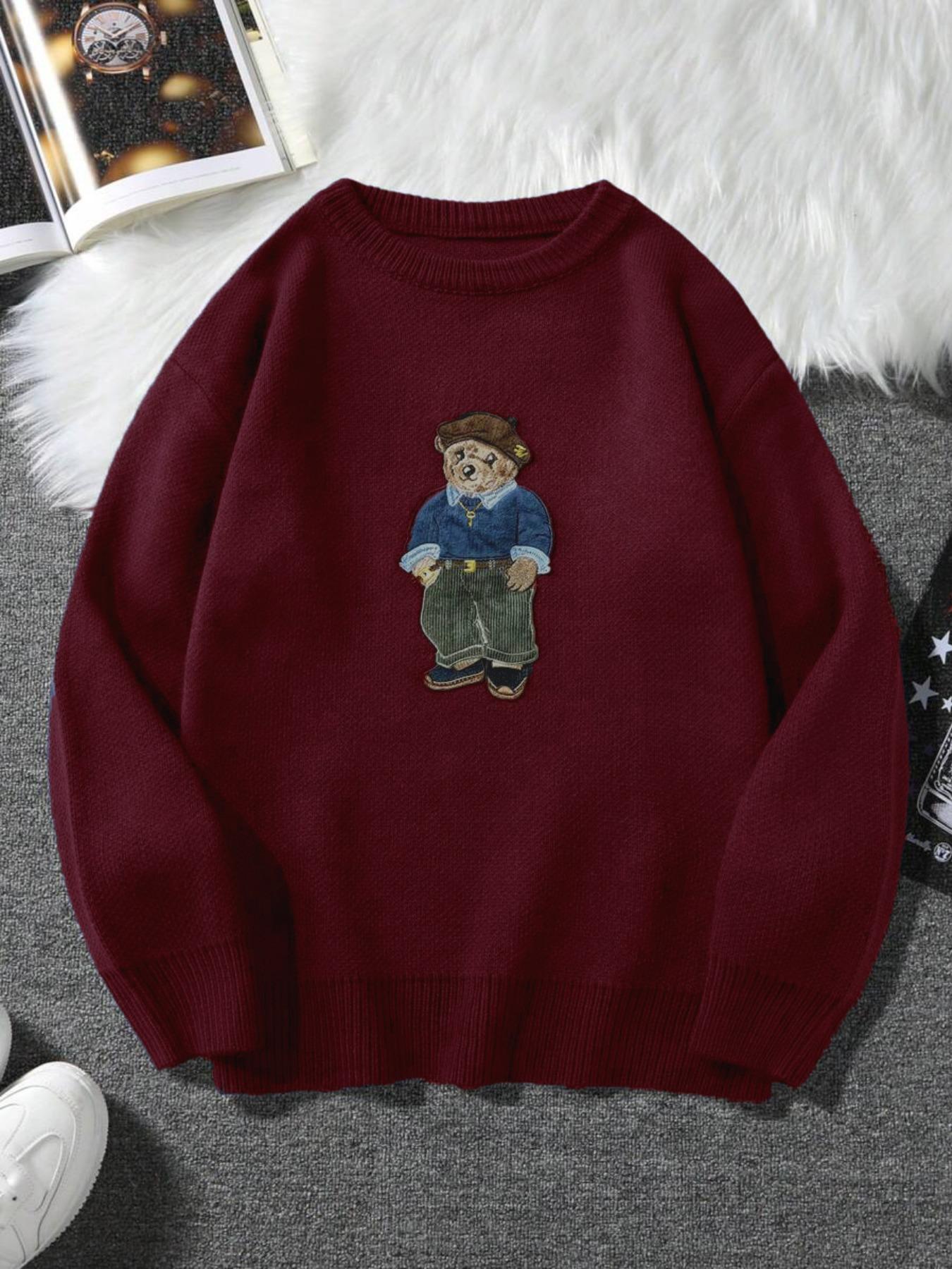 Unisex Cartoon Bear Print Crew Neck Sweater Crewneck, Casual Loose Long Sleeve Jumper For Fall & Winter, Fashion Ladies' Knitwear For Daily Wear