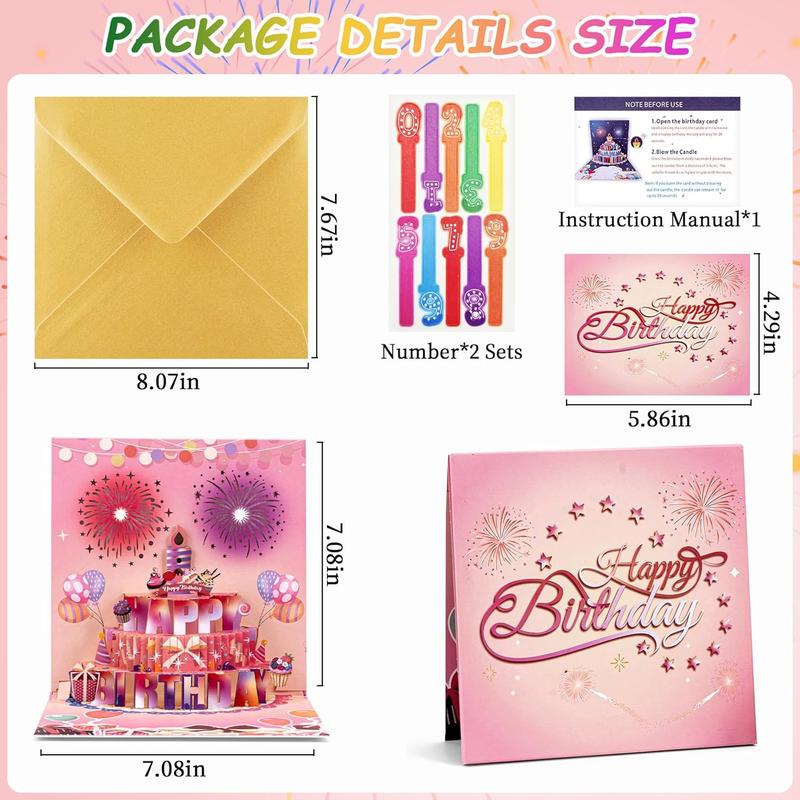 Cake Fireworks LED Candle Lights, 3D Birthday Card with Music and Colorful Lights, Musical Happy Pop-Up Birthday Card, Musical Birthday Gift Card for Kids, Wife, Husband, Grandpa, Grandma, Daughter, Son - Pink, Birthday Gift