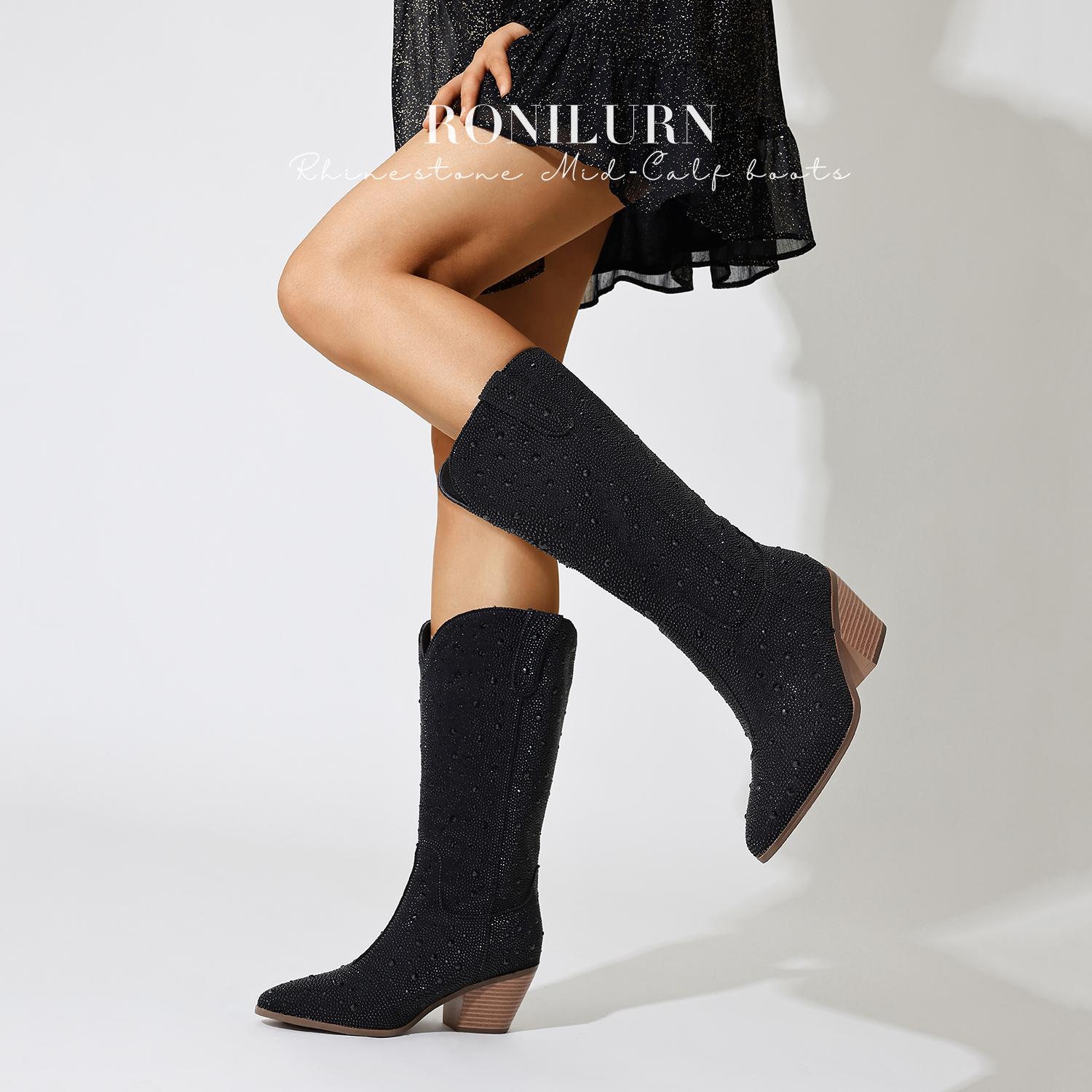 Women Cowboy Boots Cowgirl Rhinestone Mid Calf Western Boots Sparkly Glitter Boots Bling Pointed Toe Chunky Heel Pull On