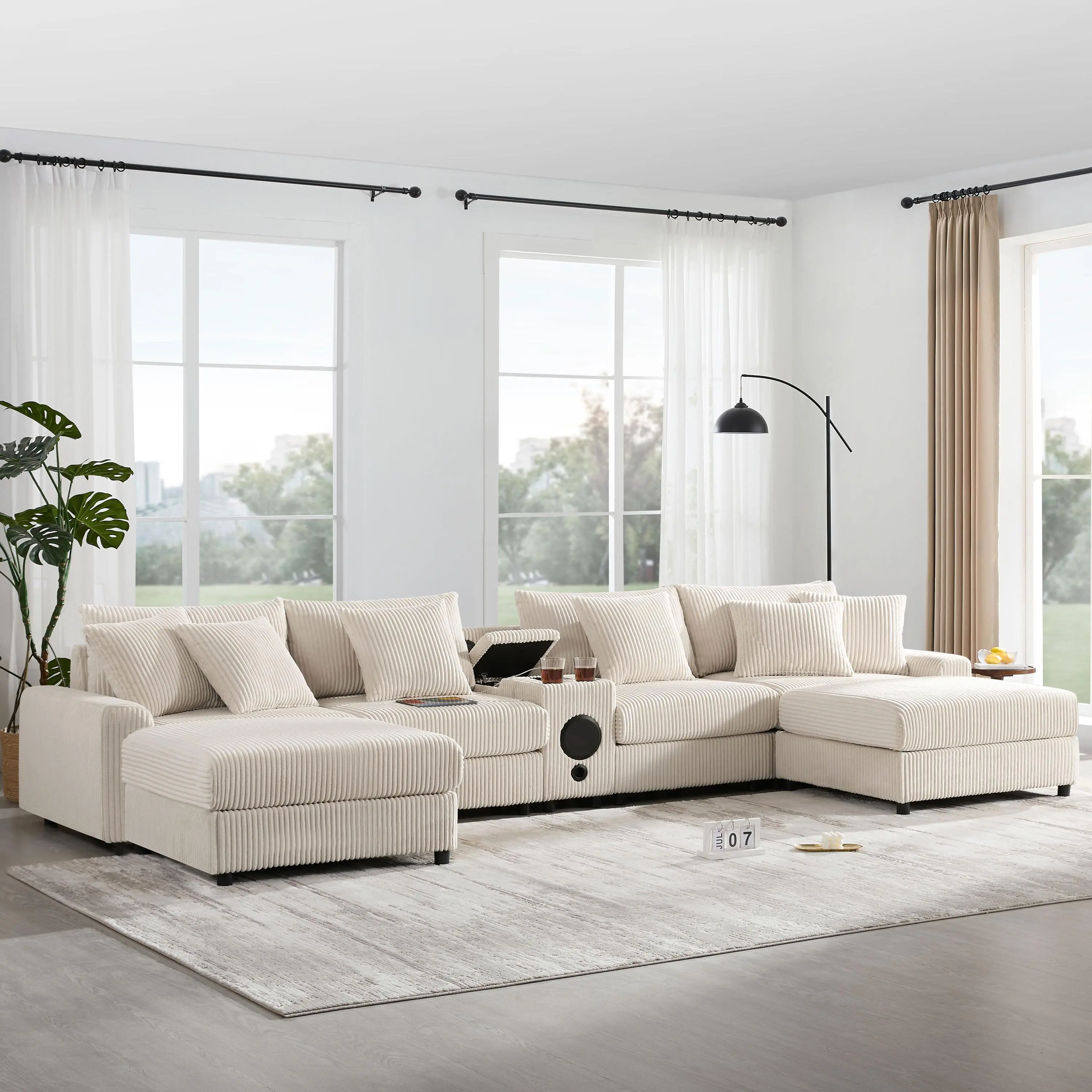 U-Shaped Corduroy Sectional Sofa with Bluetooth Speakers, USB Charging, Cup Holders, Storage Ottoman, Deep Seats, Modular Design, Dark Gray or Cream, 4-Seat or 6-Seat