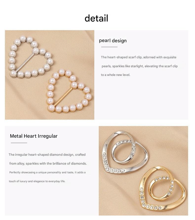 Hem knotting, heart-shaped pearl and rhinestone buckle, scarf buckle, versatile fastener for shirts and T-shirts.