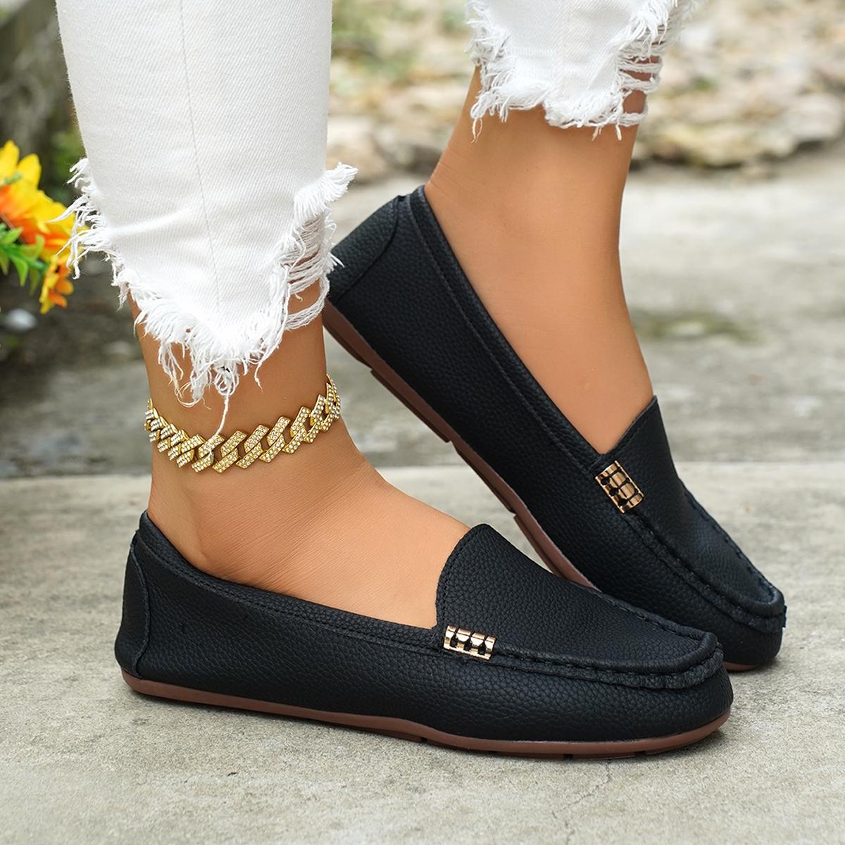 Women's Classic Plain Low Heel Shoes, Fashionable and Sexy, High-End Slant Metal Chain Decoration, Comfortable Casual Loafers, Slip On Shoes