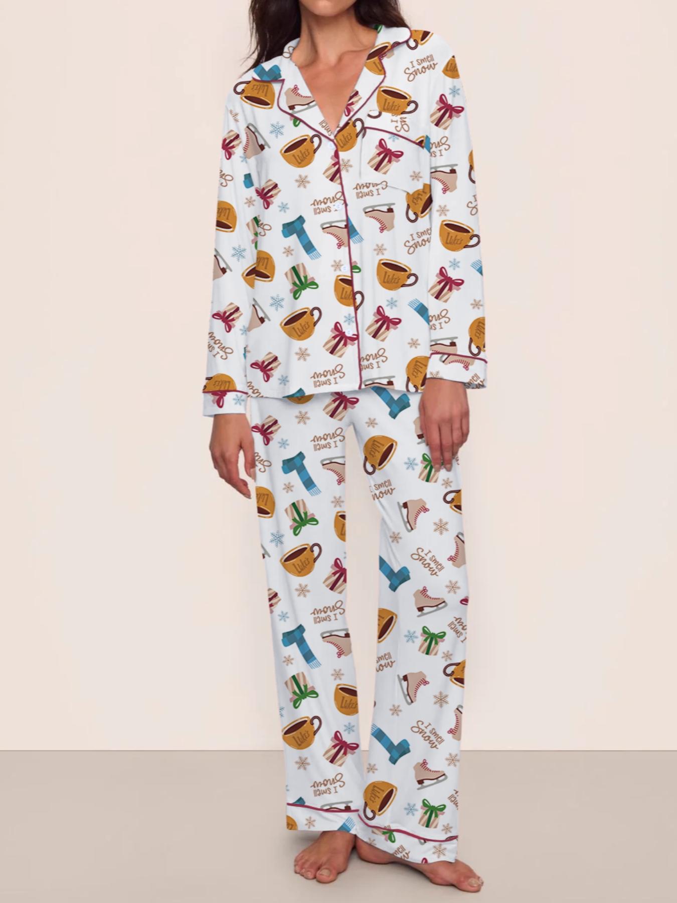 【Christmas Pajamas】Women's Christmas Pajama Set, Cozy Chic Long Sleeve Top & Elastic Waist Pants, Fitted Winter Sleepwear, Perfect Holiday Gift, Loungewear