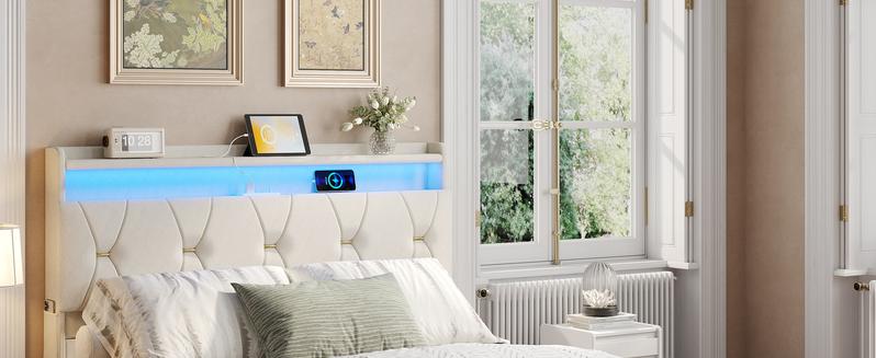 Vabches Lift Up Storage Bed Frame, Storage Headboard with Charging Station, LED Lights Upholstered Platform Bed, No Box Spring Needed, Noise-Free