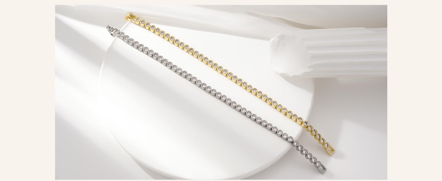 14K Gold Plated Tennis Bracelet for Women Elegant Cubic Zirconia Silver Gold Bracelet Classic 3mm Round-Cut CZ Arm Jewellery Gift for Women 14K Gold Plated Tennis Bracelet for Women Elegant Cubic Zirconia Silver Gold Bracelet Classic 3mm Round-Cut CZ Arm Jewellery Gift for Women
