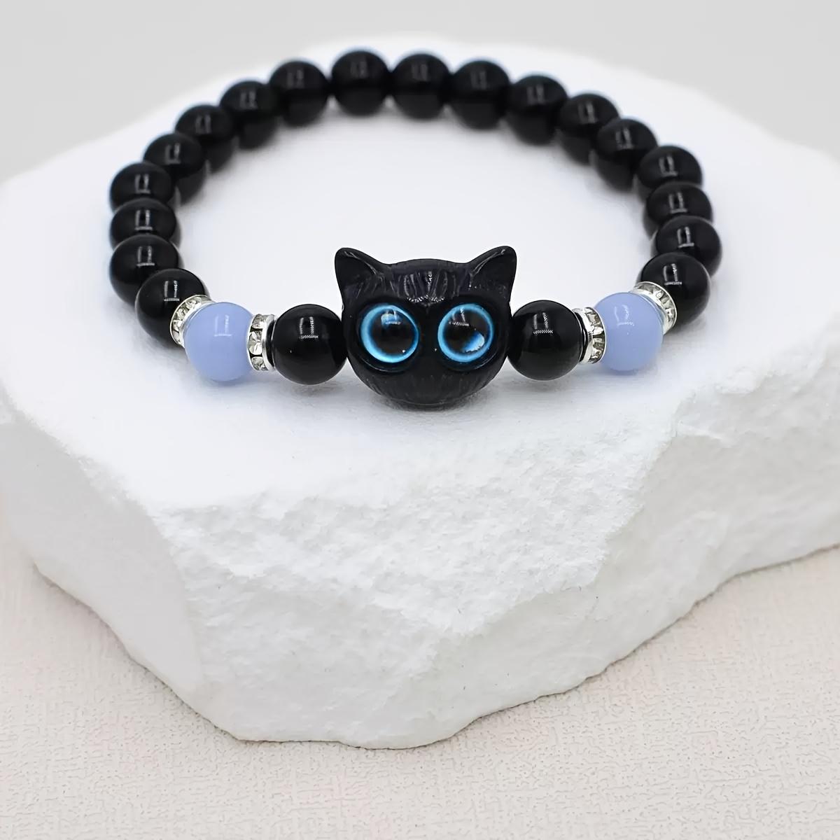 2pcs Luminous Cat Bracelet Set - Elastic Stretch Matching Beaded Jewelry for Couples, Besties & Sisters. Black & White Glow-in-the-Dark Animal Wristband for Halloween, Party & Daily Wear. Perfect Holiday Gift for Cat Lovers, Teens & Friends.