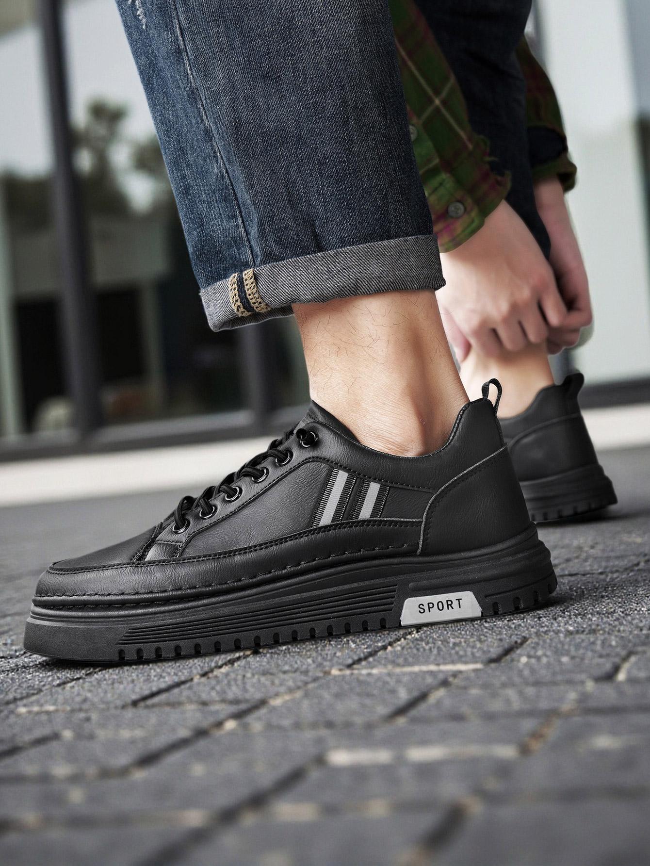 Men's Summer Thick Sole Sneakers, Simple Striped Casual Board Shoes, Soft Leather Breathable Lightweight, Height Boosting Slim Fit, Versatile Daily Wear