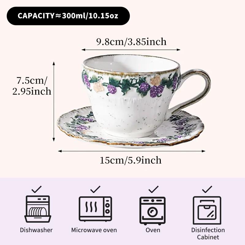 Gift for her Handmade ceramic coffee cup & saucer set  Vintage Romantic 🍇 Embossed Grape Cappuccino cup Set, Glazed Ceramic Breakfast Mug Aesthetic ☕ 🥐 🍰 , Water Cup, Afternoon Tea Coffee mug with saucer  💜