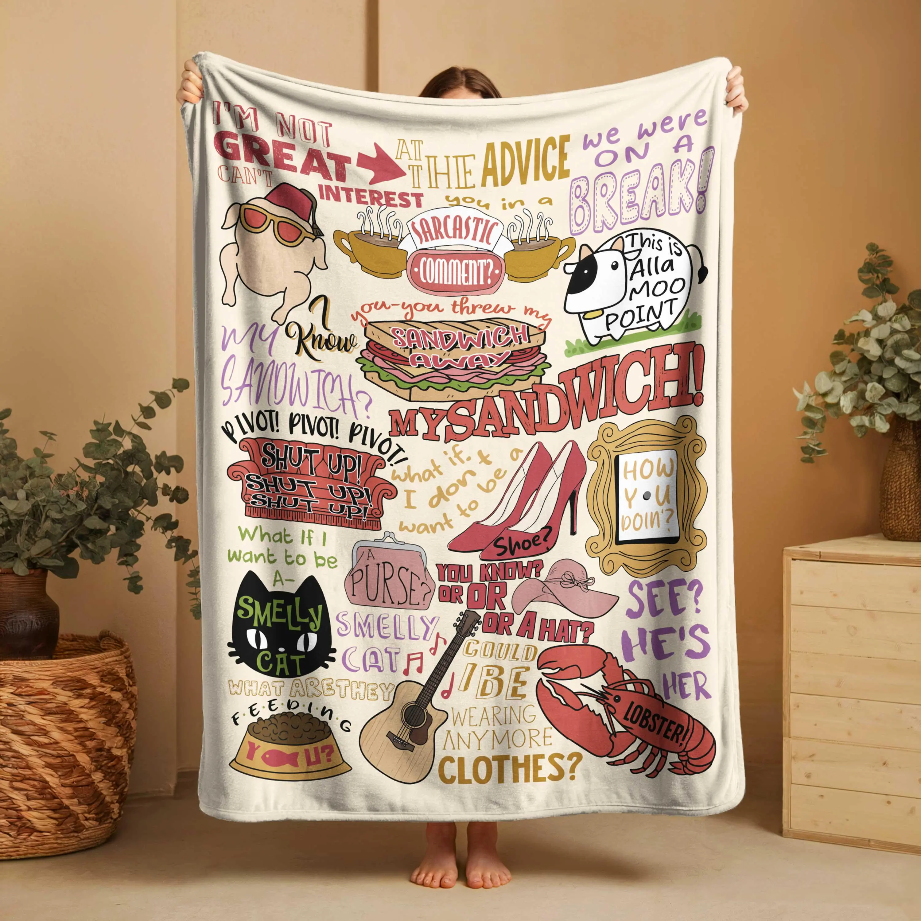 Friends TV Show Quote Blanket, Funny Friends watching Throw, Custom Blanket, Cozy TV Lover Blanket, Smelly Cat Throw, friends party favors 077