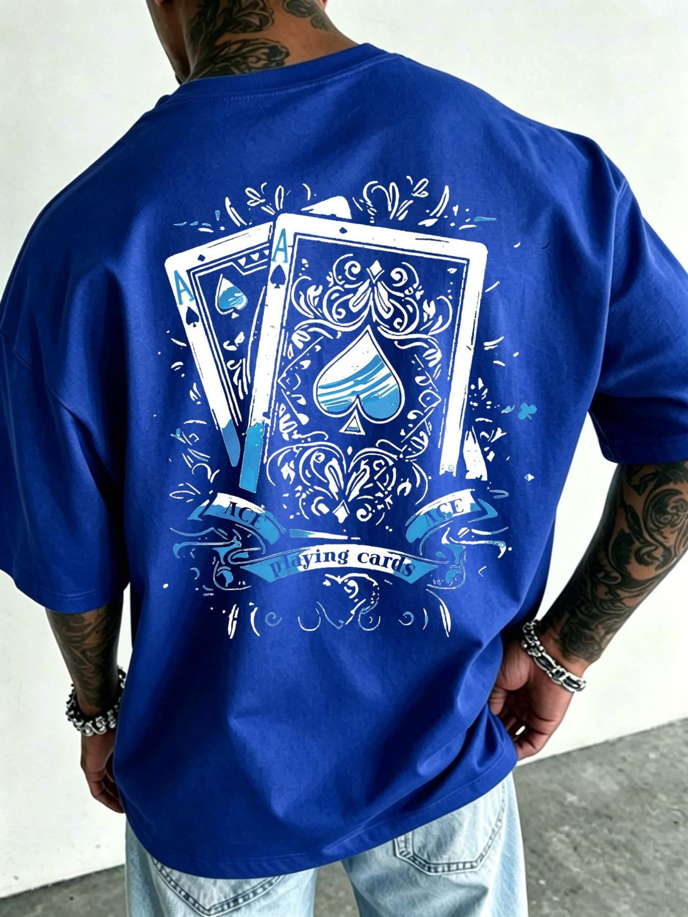 Oversized Spade Pattern T-shirt for Men, 2026 Summer Street Style Poker Printed T-shirt, Retro Y2K Harajuku Casual Cotton Top, Hip Hop Street Style Short Sleeve, Casual Daily Wear