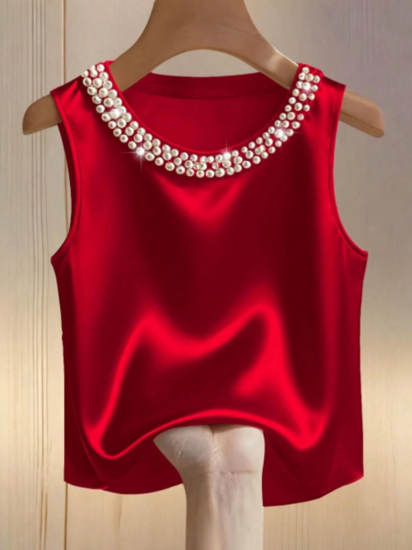 Women's Plain Pearl Round Neck Simple Fashion Minimalist Vest Top, Casual Fitted Sleeveless Blouse, Stylish Daily Wear Clothing