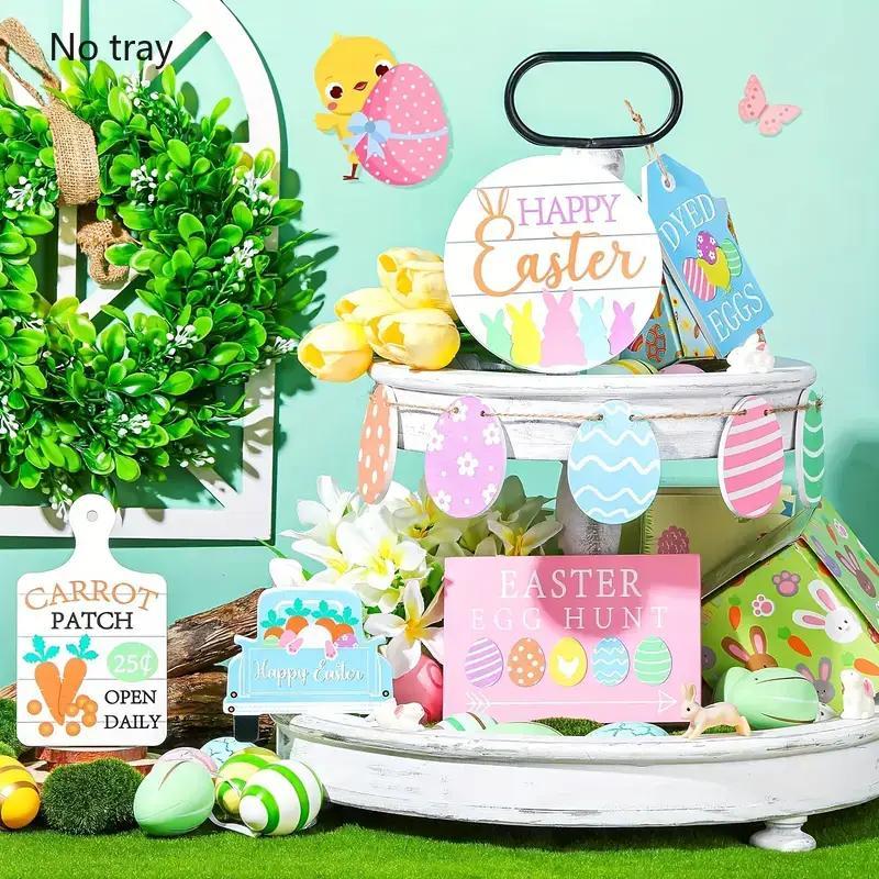 Easter Themed Tiered Tray Decoration, 1 Set Wooden Tiered Tray Decorative Ornament, Desk Centerpiece for Home Office Party