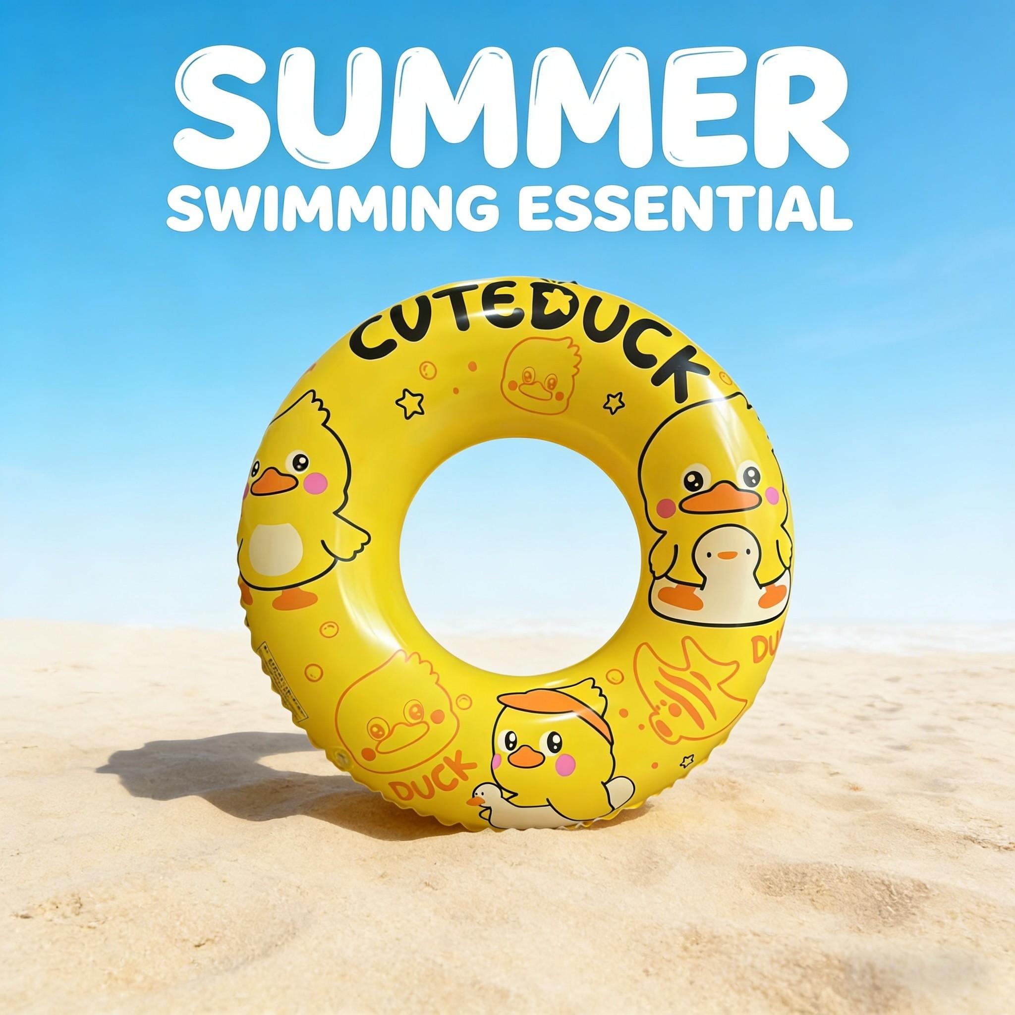 Cute Duck Print Inflatable Swim Ring, Bright Cartoon Design, Thickened PVC, Fun Float for Summer Water Play
