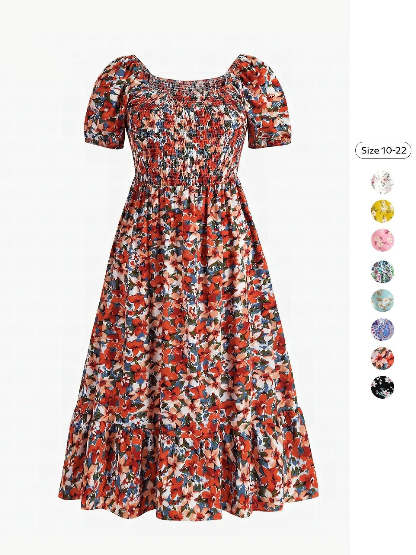 Women's Airy Elegant Chic Aesthetic Boho Style Allover Floral Print Scoop Neck Short Sleeve Pleated Maxi Dress for Summer