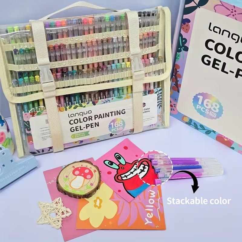 Languo 168pcs Carry Bag Art Kit, Large Capacity Journaling Gel Pens & Acrylic Paint Markers, Auto Ink System, Professional Art Creation, Christmas Presents