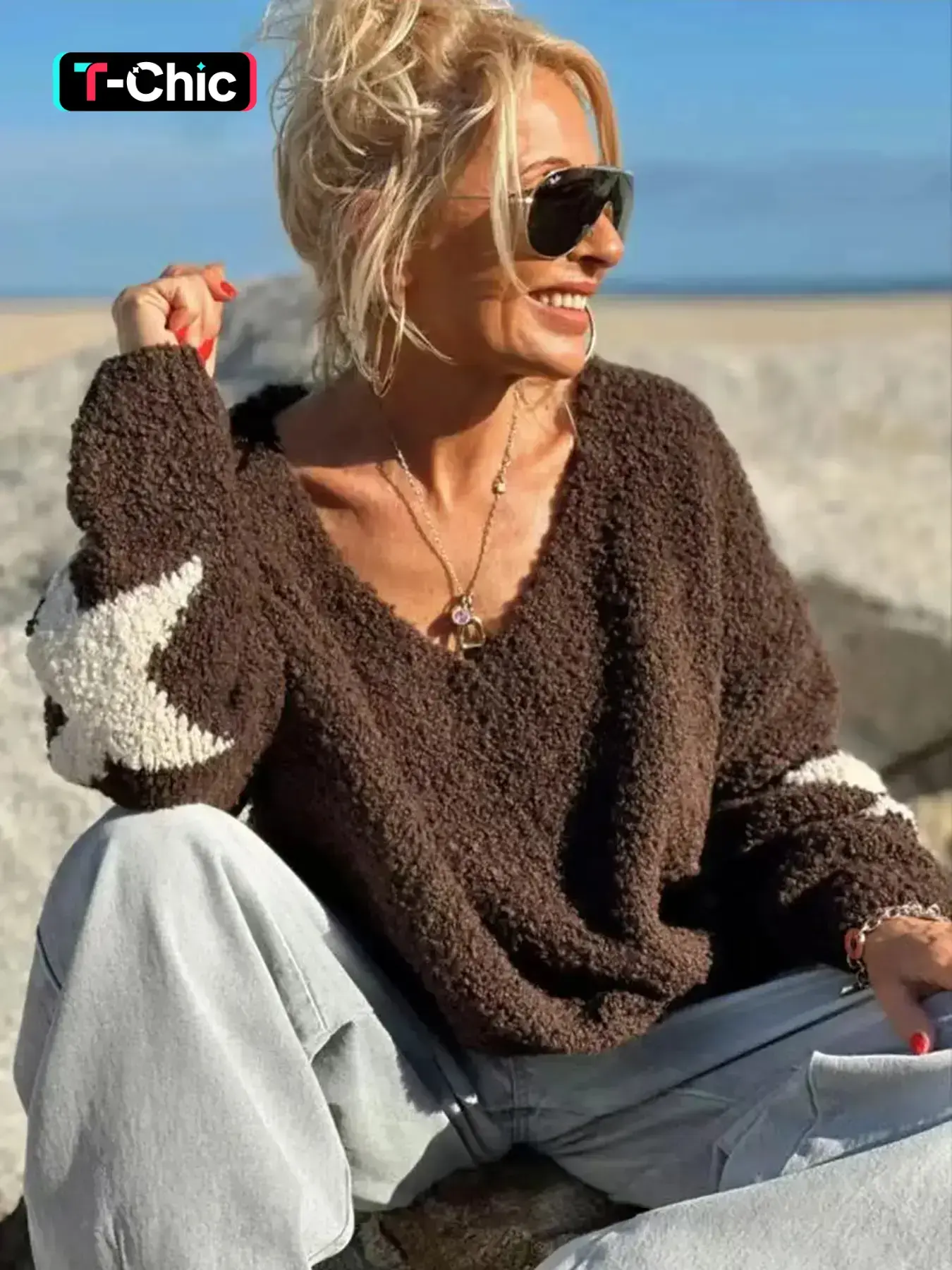 Women's Soft V Neck Sweater, Autumn Winter Loose Fit Knit Pullover, New Design Star Pattern Top, Casual Fashion Long Sleeve Shirt